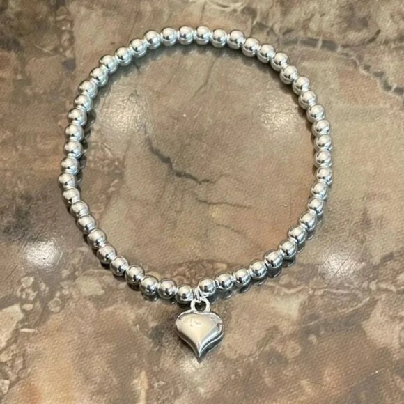 925 Sterling Silver Heart Bead Bracelet Dainty Minimalist Slip On Bracelet - Picture 3 of 3